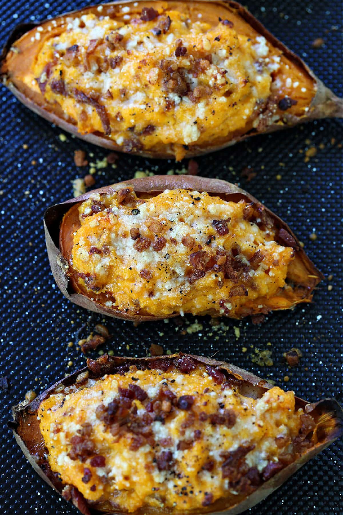 twice baked sweet potatoes on sheet pan