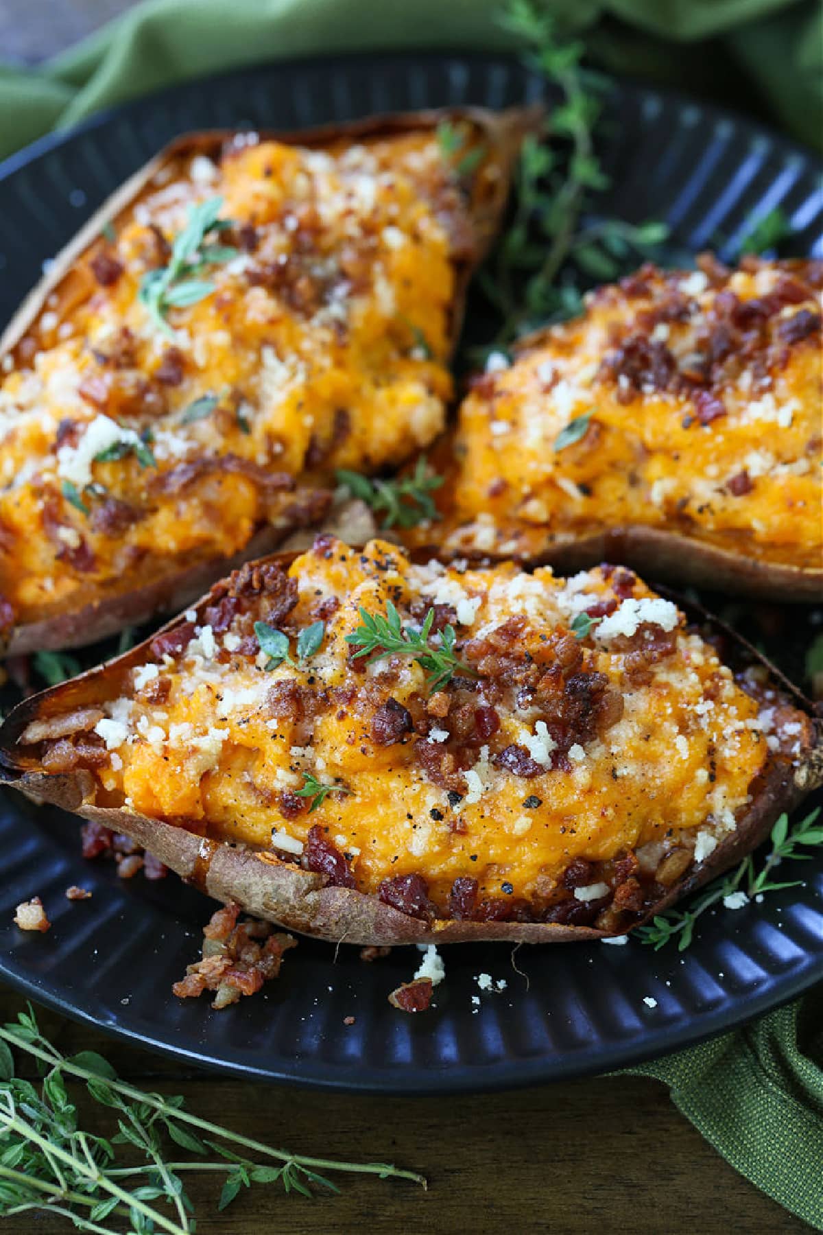 twice baked sweet potatoes with fresh thyme and bacon