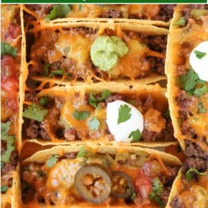 baked tacos in a pan with text overlay for pinterest