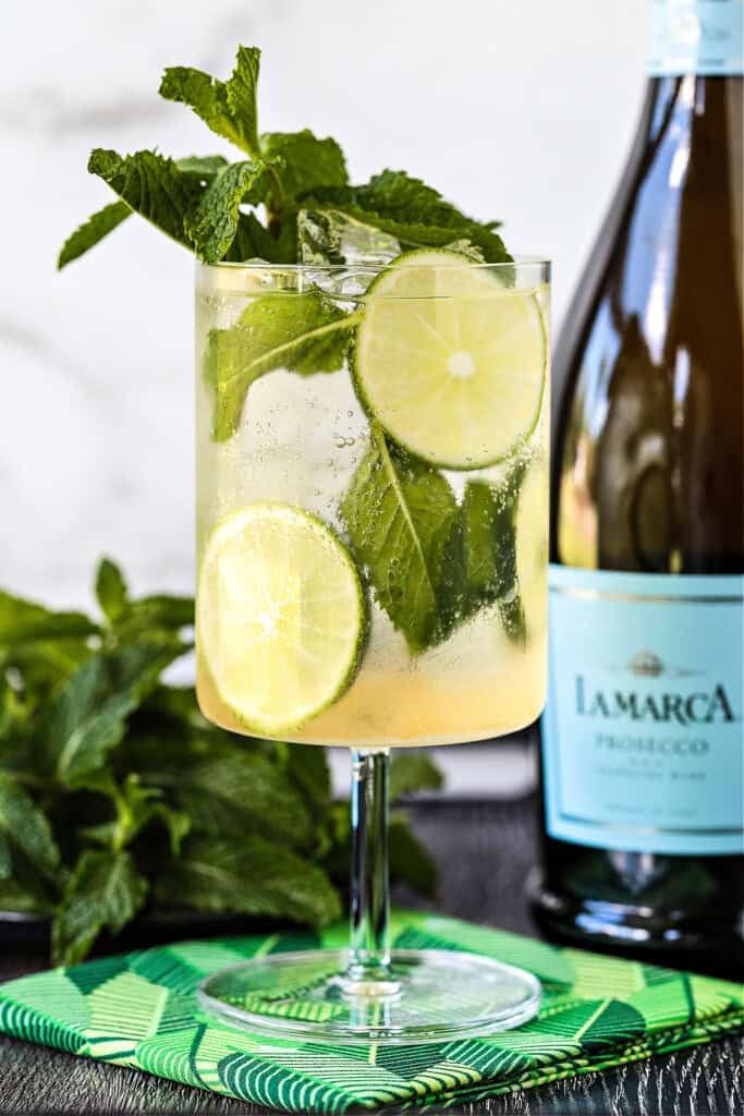 prosecco cocktail with mint in glass