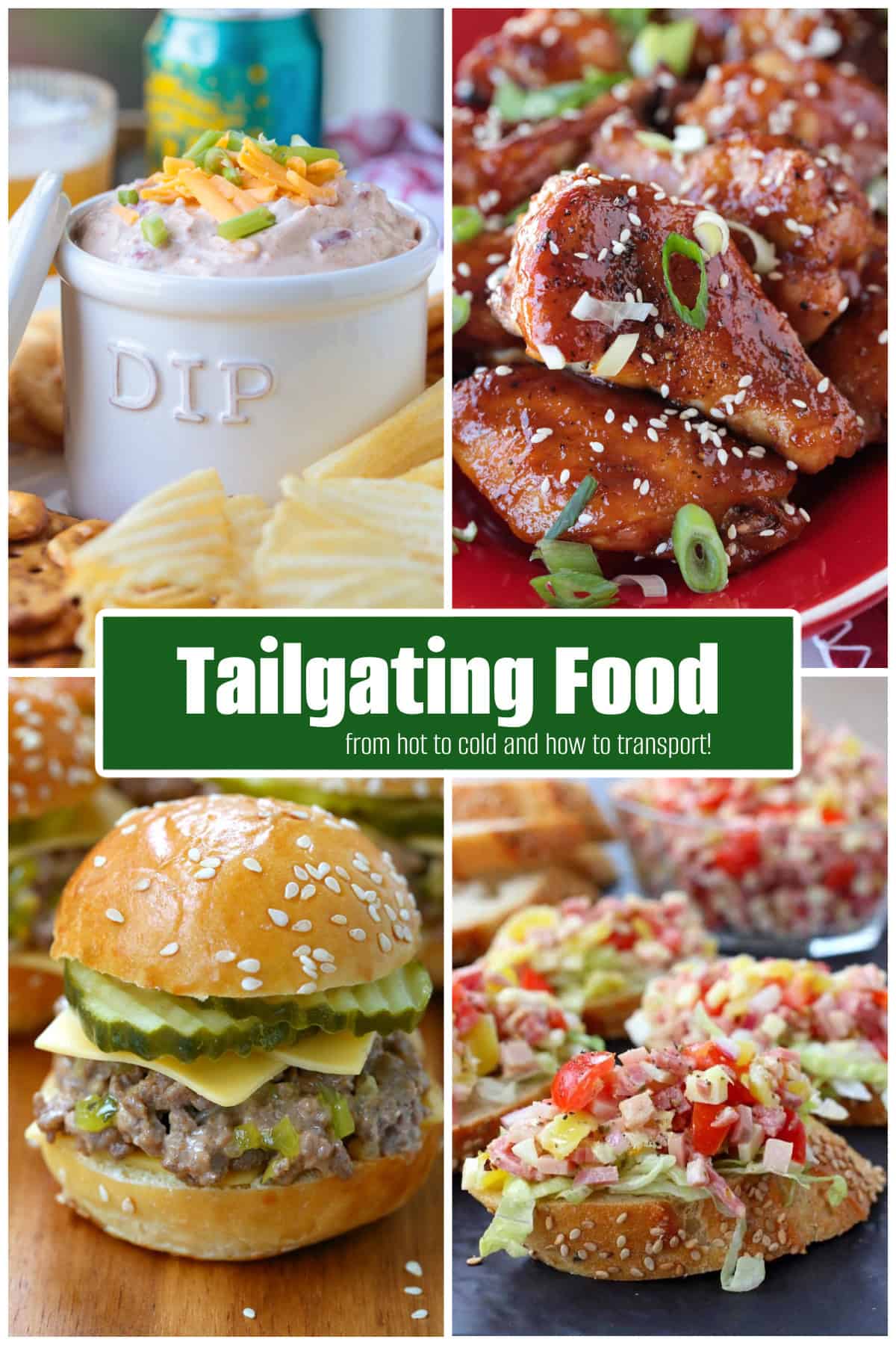 What to make for Tailgating Food? We've got 39 recipes that are sure to be a home run. From hot to cold recipes and how we transport them! photo collage of tailgating food with text