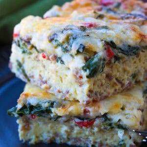 squares of egg casserole stacked on plate