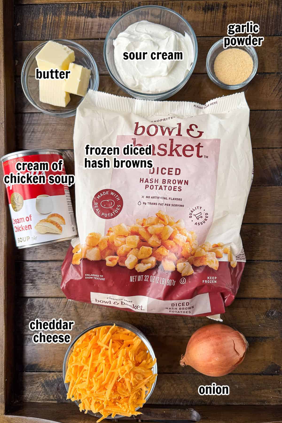 These cheesy, comforting Party Potatoes are always a hit! An easy, make ahead potato casserole that goes with just about any meal! ingredients for making cheesy potato casserole