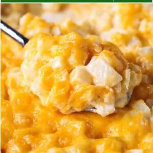 cheesy potato casserole on spoon with text overlay