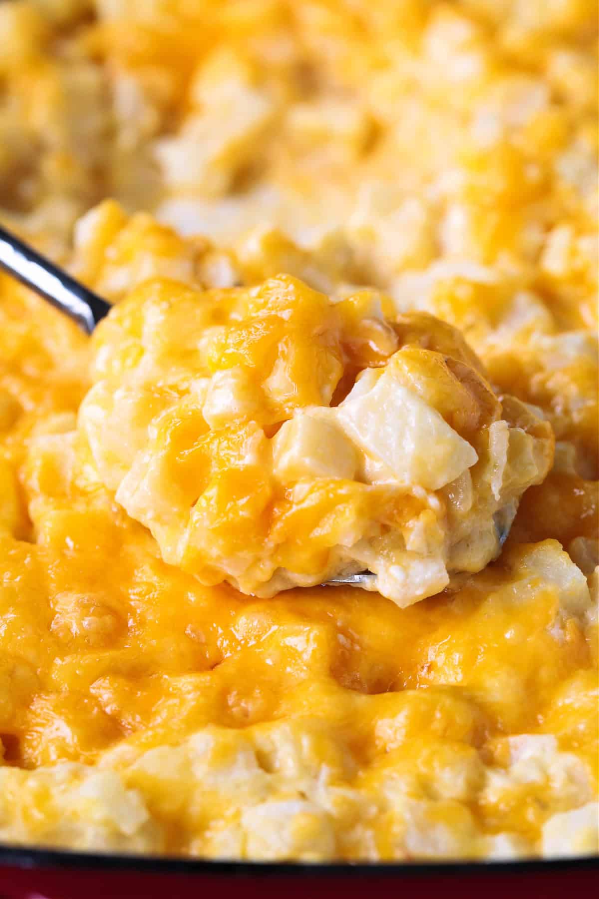 These cheesy, comforting Party Potatoes are always a hit! An easy, make ahead potato casserole that perfect for parties and holidays! cheesy potatoes on a serving spoon