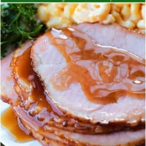 slices of spiral sliced ham with glaze on top