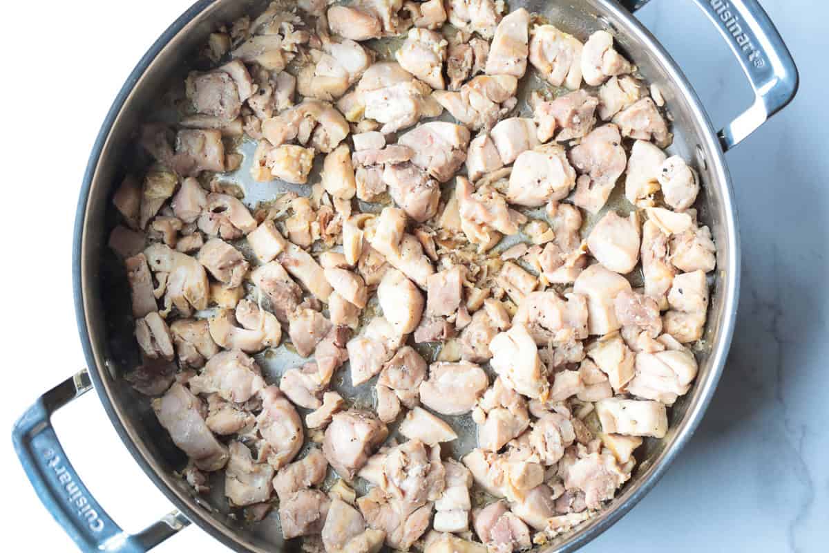 Our Easy Bourbon Chicken is a family favorite dinner recipe! Tender chicken in a sweet and tangy sauce with just a splash of bourbon. cooked, diced chicken in a skillet