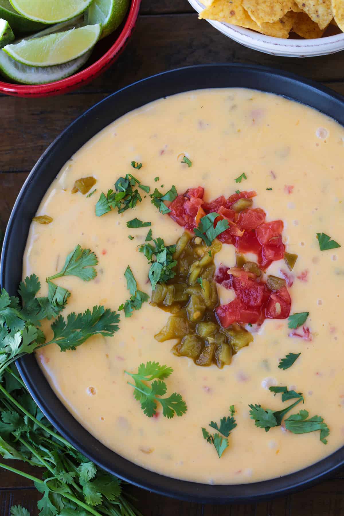 Slow Cooker Queso is going to be the center of attention at any party or game day! Use it as a dip, drizzle on nachos or use in burritos! close up of a bowl with queso and toppings
