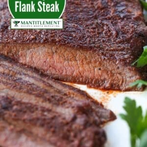 flank steak slice on platter with title text and logo