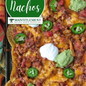 pinterest image with beef nachos with toppings