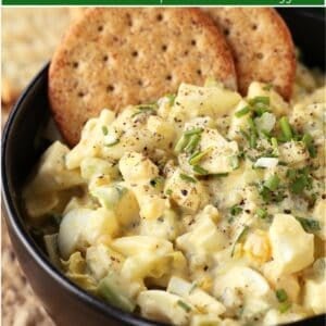 egg salad in a bowl with text overlay for pinterest