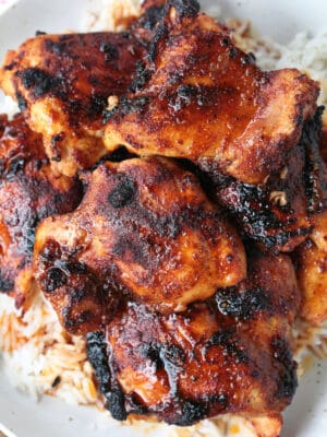 broiled chicken thighs with seasonings on plate with rice