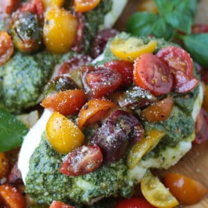 chicken margherita on board with basil