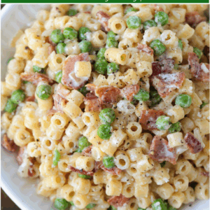 bacon and pea ditalini with text overlay for pinterest