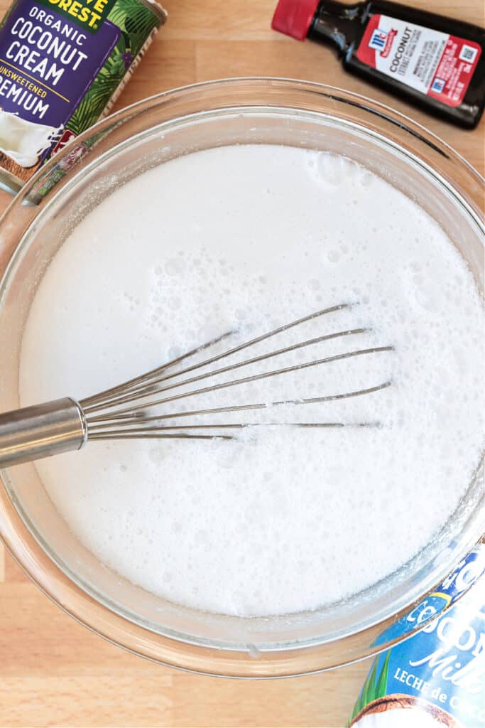 This homemade coconut sorbet is bursting with tropical flavor! Made with coconut milk and simple ingredients for a refreshing summer dessert. base for coconut sorbet in a bowl with whisk