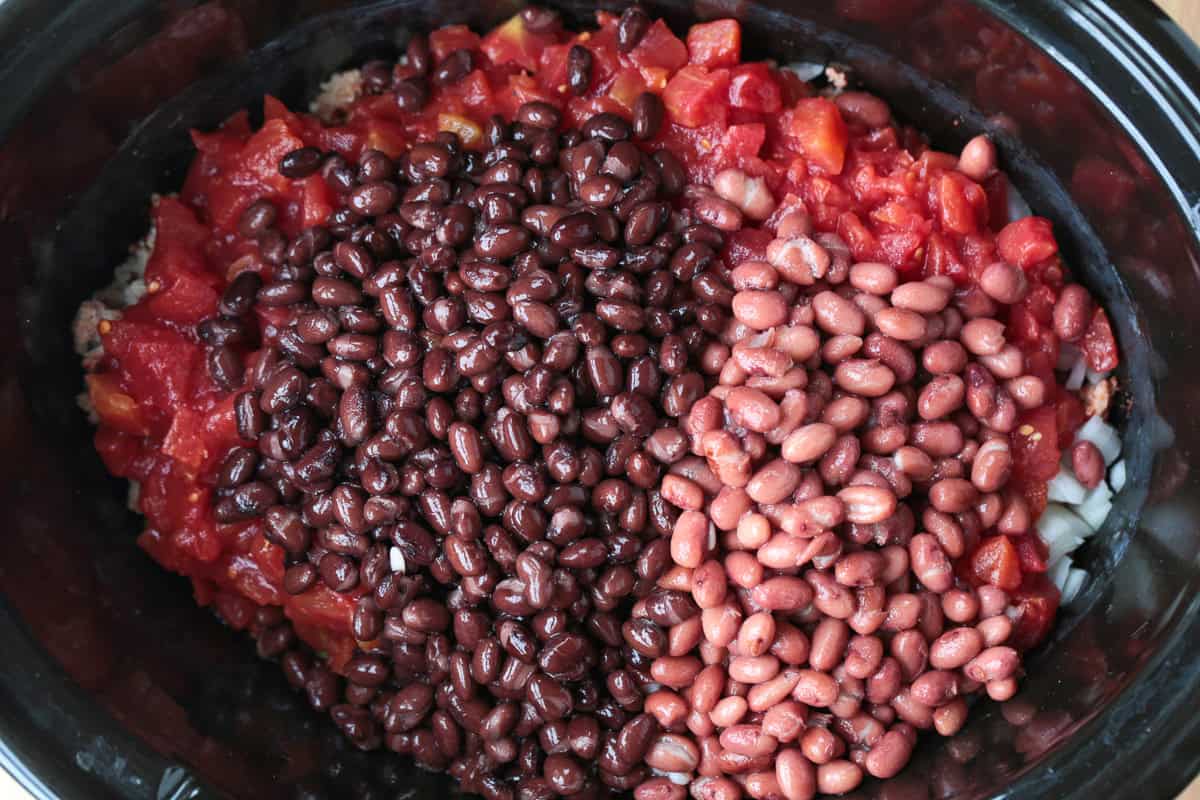 This slow cooker turkey chili is packed with lean ground turkey, vegetables and vibrant spices. Perfect for easy dinners or game days! beans in slow cooker with tomatoes and ground turkey