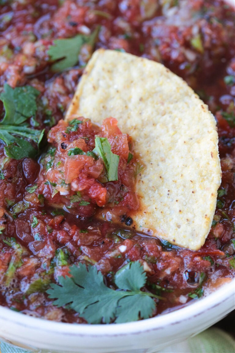 chip dipped in bowl of salsa