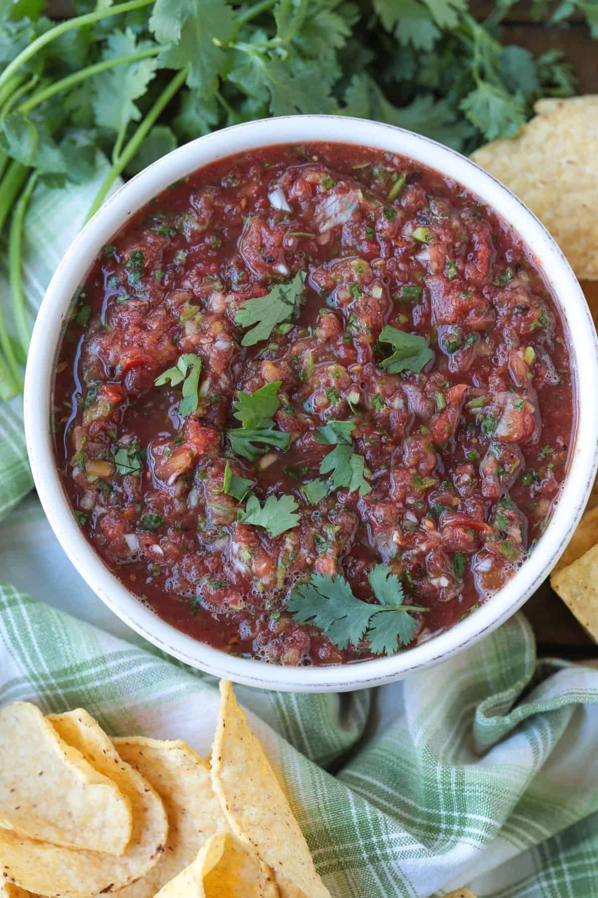 bowl of salsa with cilantro and chips on the side