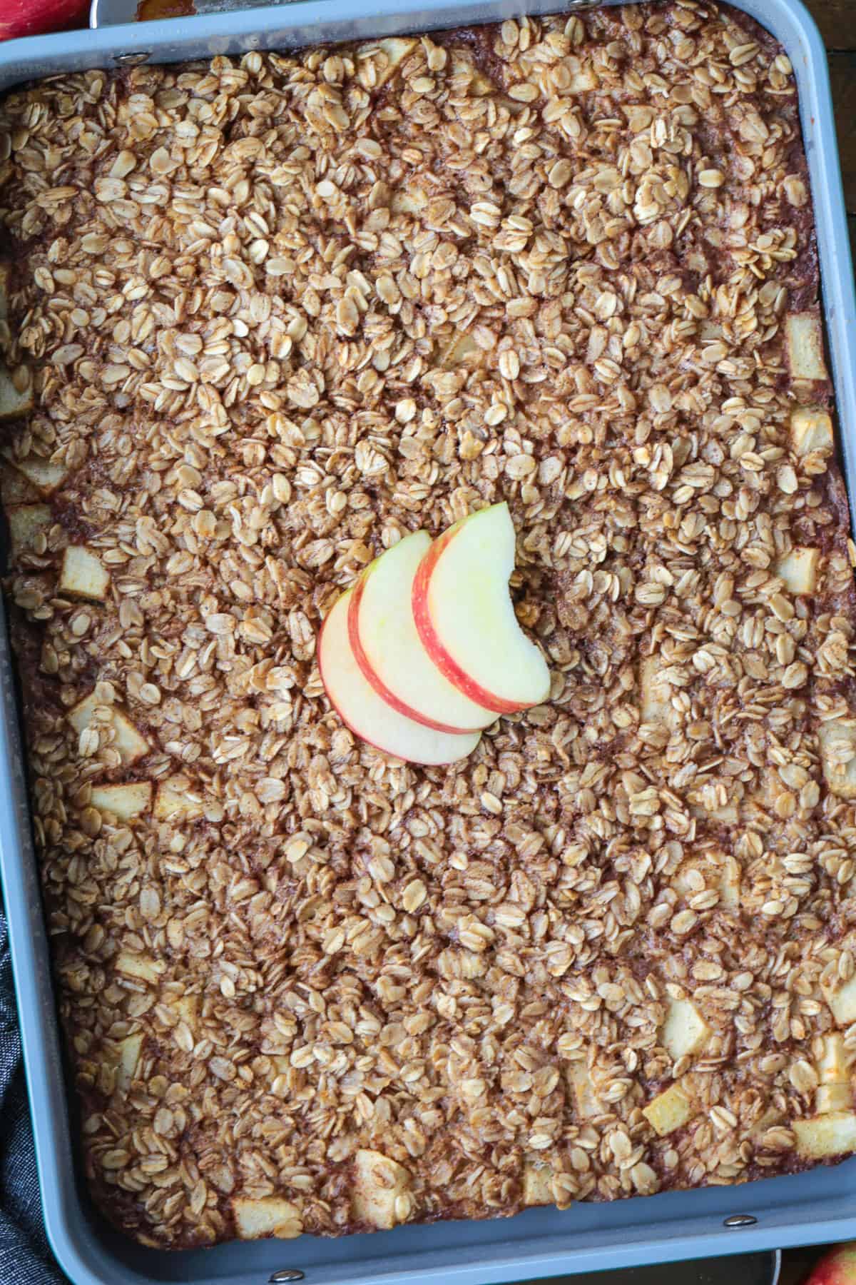 baked oatmeal in a baking dish from the top