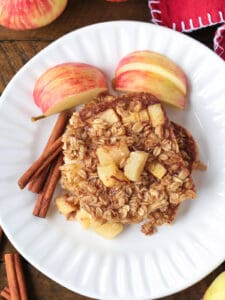 baked apple oatmeal on a plate from the top