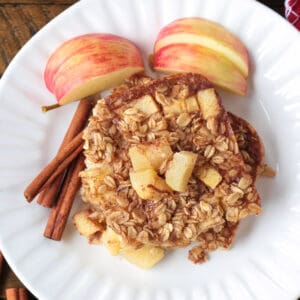 baked apple oatmeal on a plate from the top