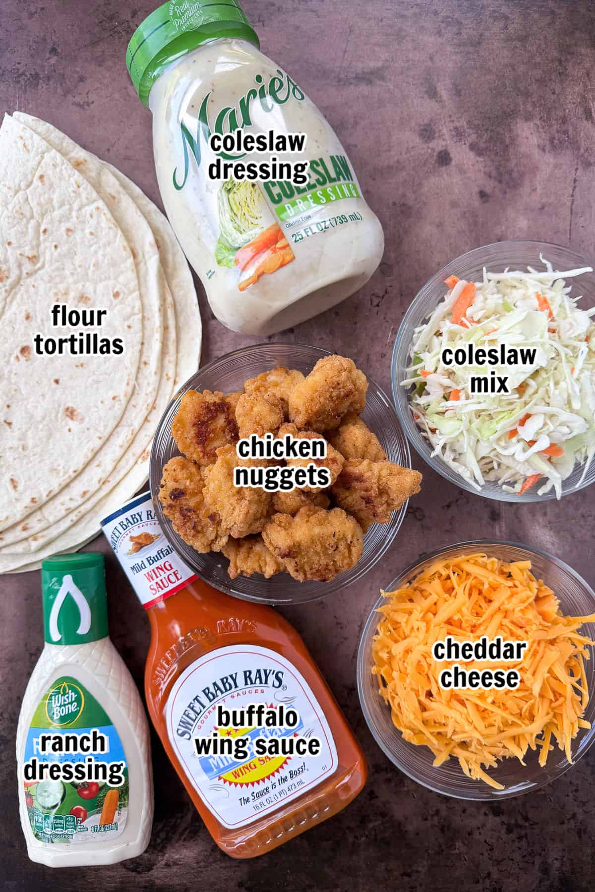 ingredients for making buffalo chicken wrap