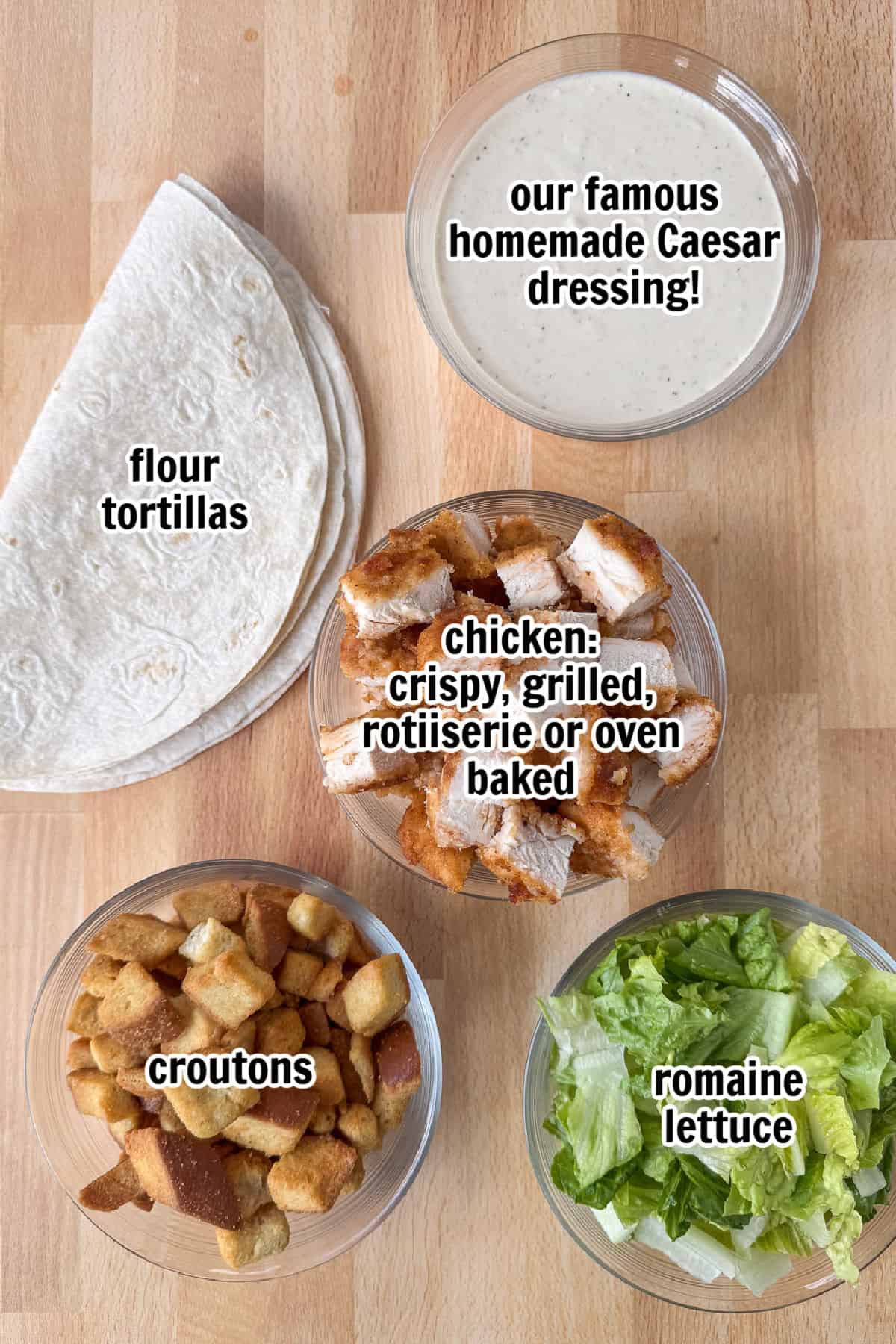 This Chicken Caesar Wrap made with our homemade Caesar dressing is the ultimate quick meal. A tasty lunch or dinner that's ready in minutes! ingredients for chicken wrap
