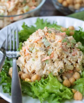 chicken salad with chickpeas on a bed of lettuce