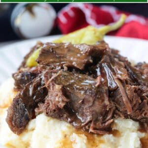 shredded mississippi pot roast with gravy over mashed potatoes