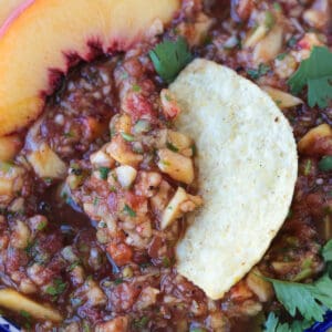 tortilla chip dipping into bowl os salsa