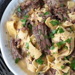 shredded beef and noodles in a bowl with gravy