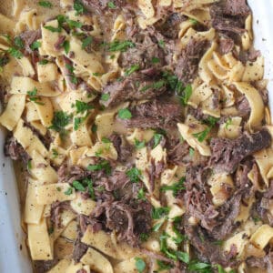 slow cooker with shredded beef and noodles