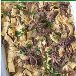slow cooker beef and noodles with text for pinterest