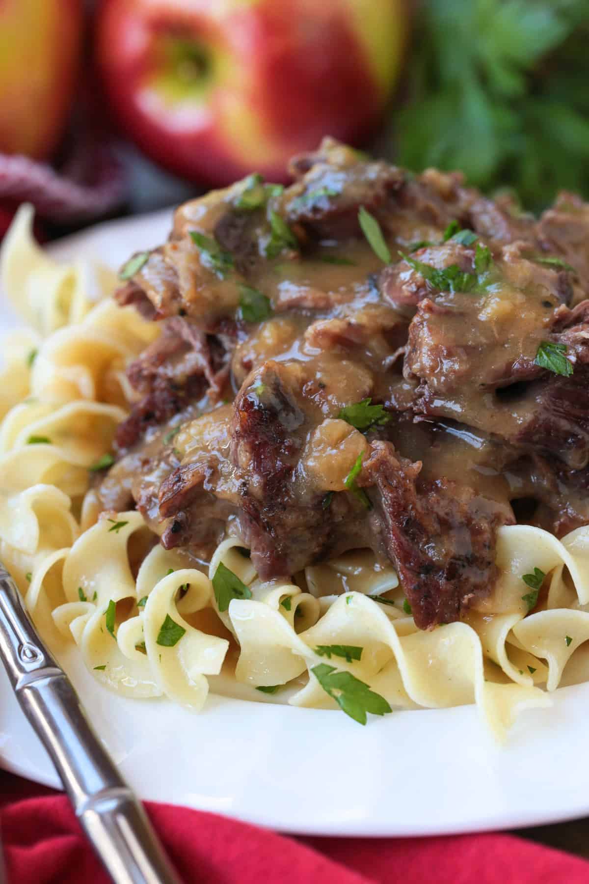pot roast with gravy on a plate with noodles
