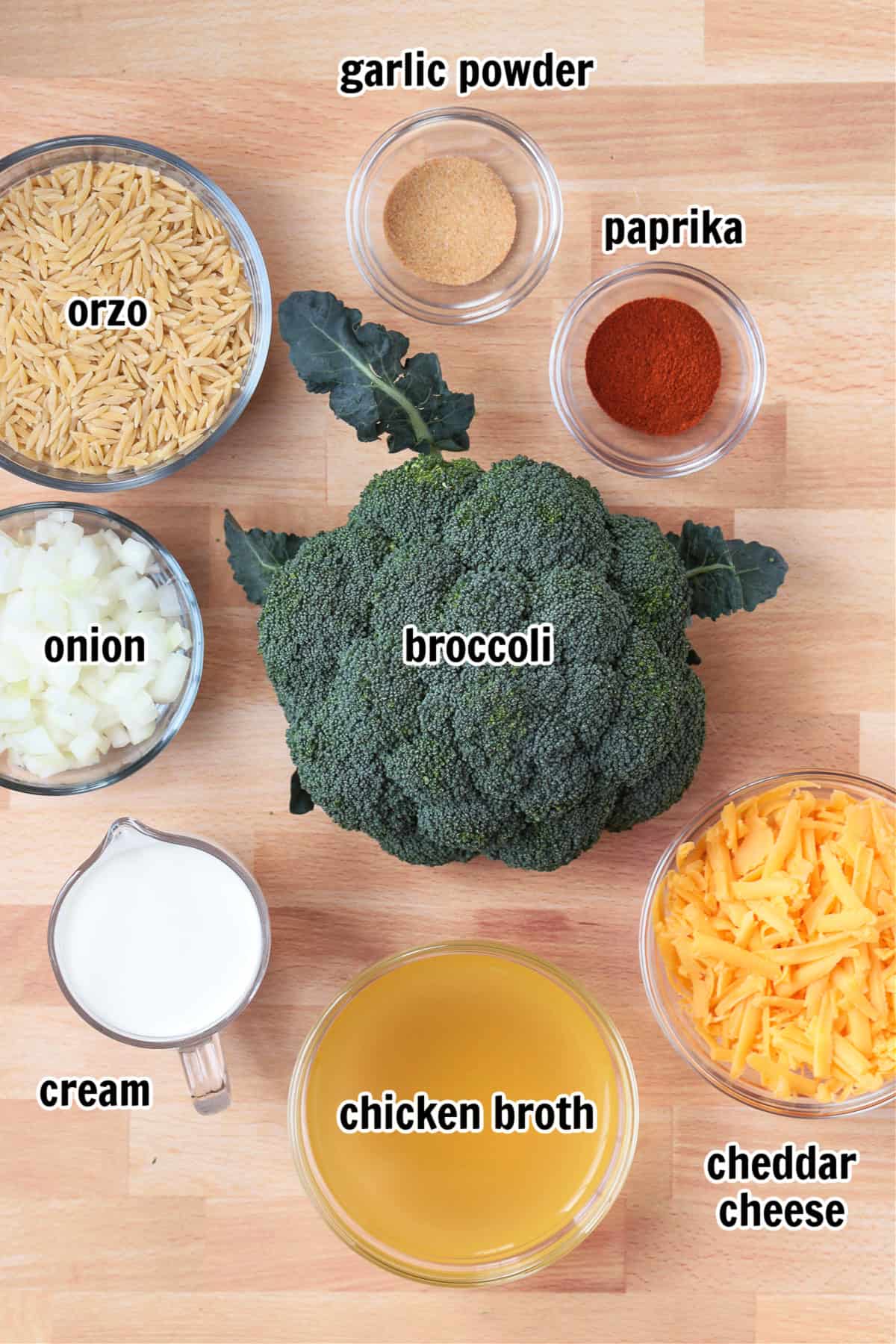 This Cheesy Broccoli Orzo is the ultimate comfort food side dish! Perfect alongside chicken or steak, or on its own for an easy, cozy dinner. ingredients for making cheddar broccoli orzo