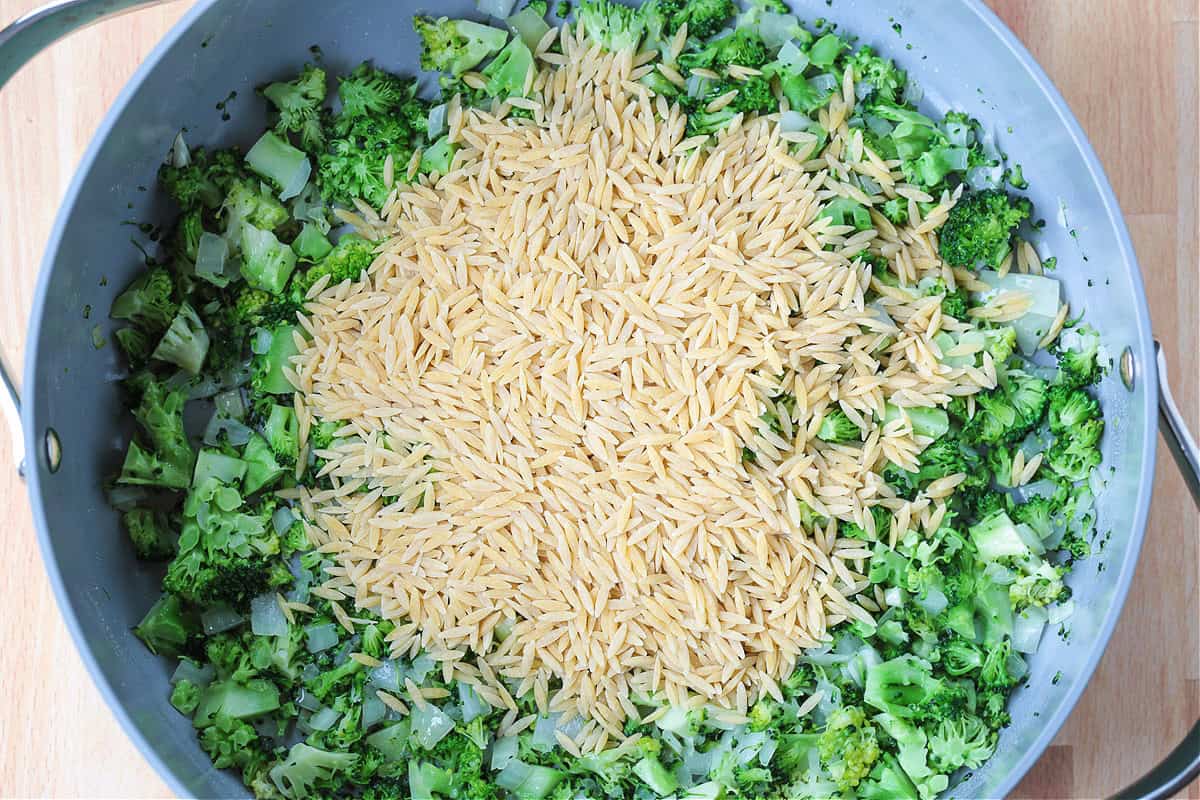 This Cheesy Broccoli Orzo is the ultimate comfort food side dish! Perfect alongside chicken or steak, or on its own for an easy, cozy dinner. orzo in a pot with chopped broccoli and onions