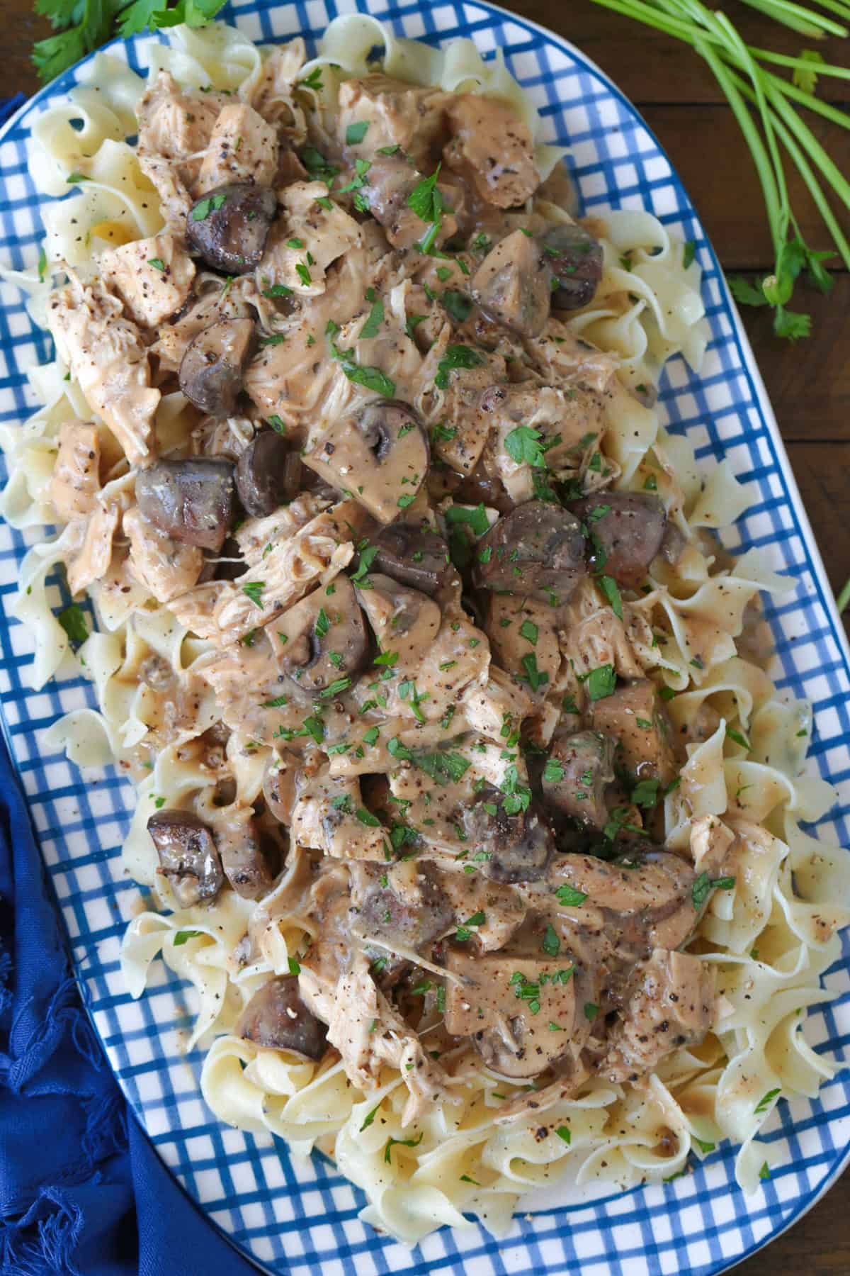 This cozy Slow Cooker Chicken Stroganoff is creamy and hearty, we love it for busy weeknights or lazy weekends. An easy comfort food dinner! chicken stroganoff with noodles on a blue and white platter