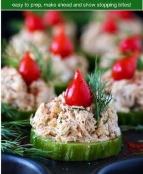 crab salad on cucumber slices for easy thanksgiving appetizer