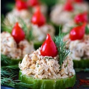 crab salad on cucumber slices for easy thanksgiving appetizer