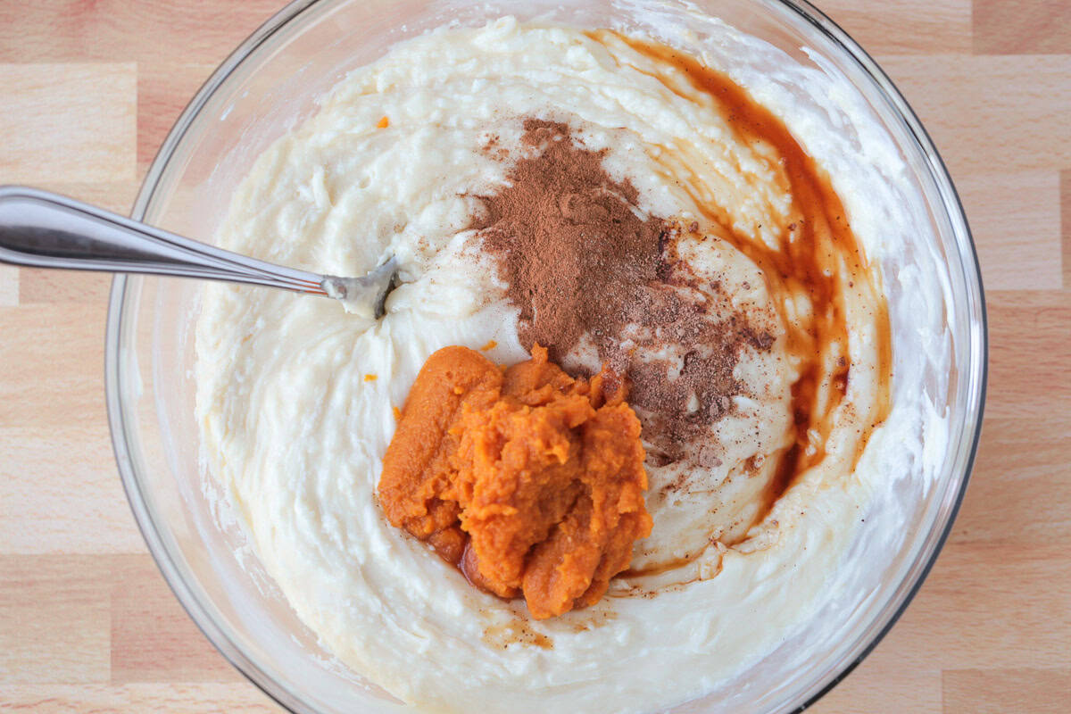 melted chocolate chips with pumpkin puree and other ingredients in a bowl