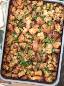 baked stuffing in a dish with napkin on the side