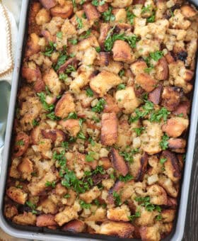 baked stuffing in a dish with napkin on the side