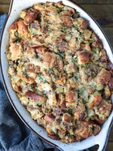 stuffing made with white castle sliders in baking dish