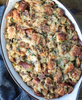 stuffing made with white castle sliders in baking dish