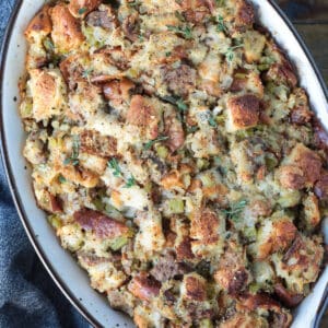 stuffing made with white castle sliders in baking dish