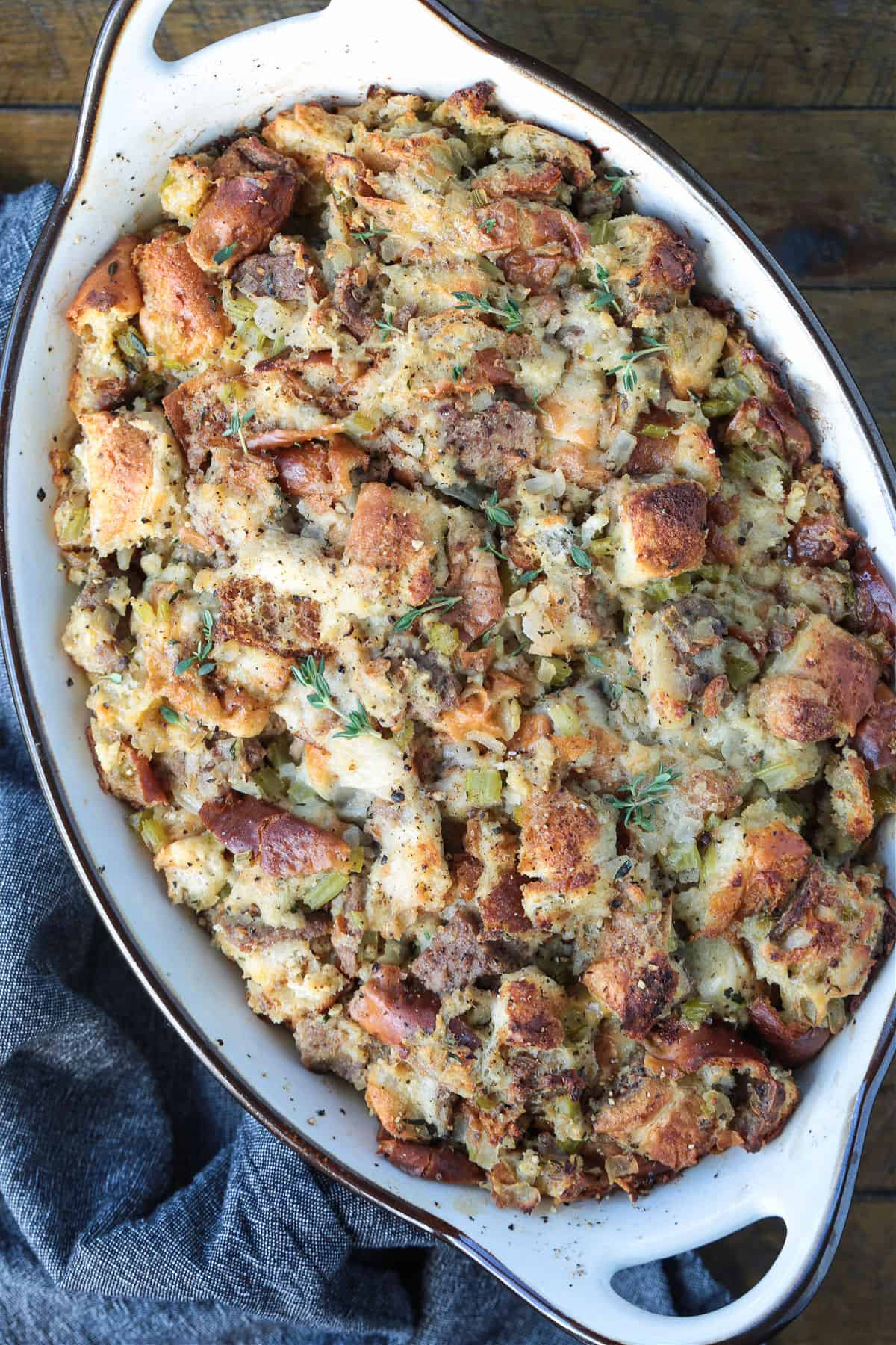 stuffing made with white castle sliders in baking dish