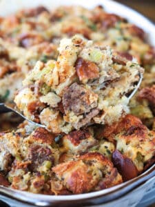 spoonful of stuffing over a dish of stuffing