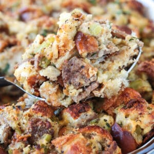 spoonful of stuffing over a dish of stuffing