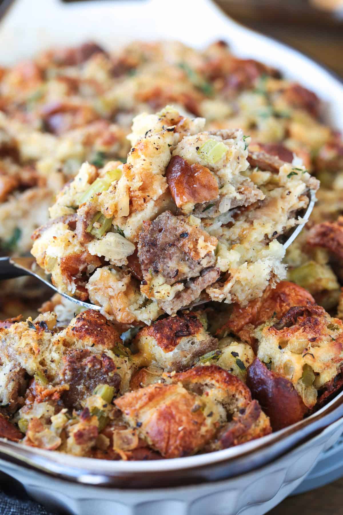 spoonful of stuffing over a dish of stuffing