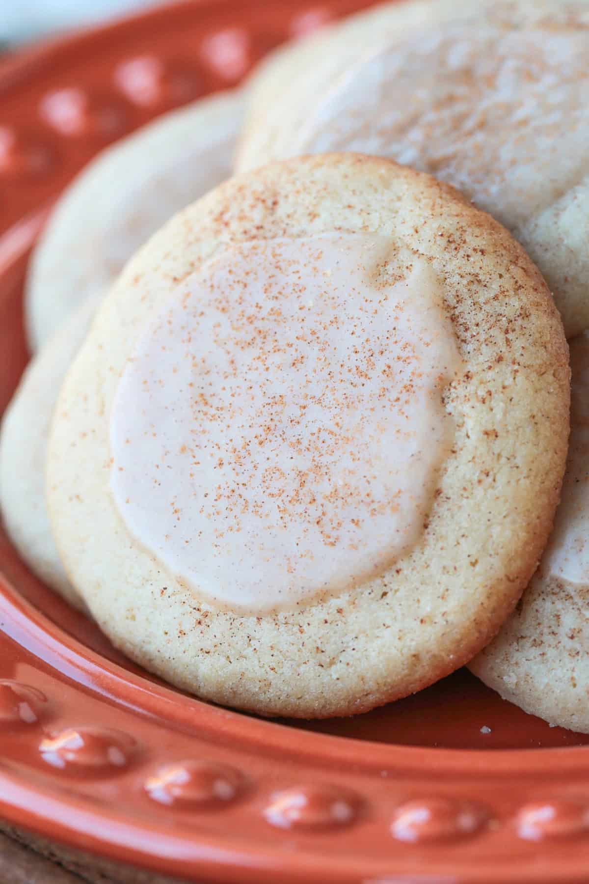 close up of cinnamon meltaway cookie on plate